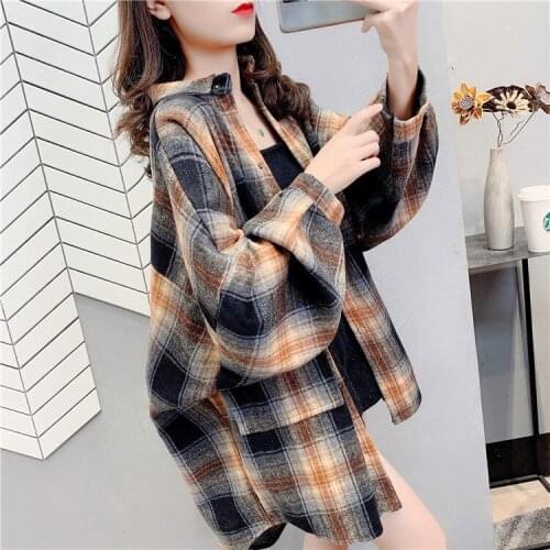 Blouse Women Shirt Wool Plaid Overshirt Womens Winter Loose Retro Shirt Coat Blusas Ropa De Mujer