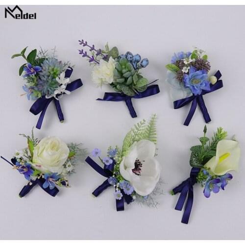 Meldel White Blue Groomsmen Boutonniere Wrist Corsages for Bridesmaids Men Brooch Pins Girl Corsage Bracelet Wedding Silk Flower