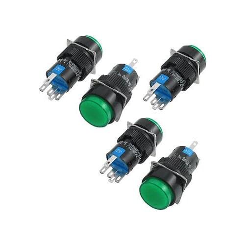DC 12V Green Neon Light 5P Latching Panel Mount Round Push Button Switch