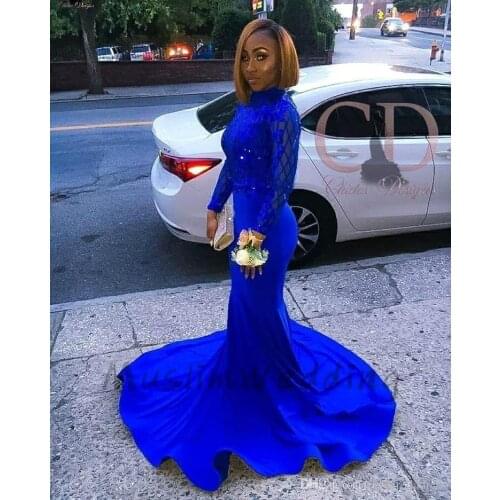 Elegant Royal Blue African Prom Dresses With Long Sleeve High Neck Sexy Backless Satin Long Evening Dress Lace Formal Gowns