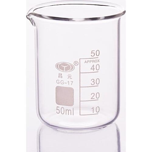 Beaker in low form,Capacity 50ml,Outer diameter=42mm,Height=60mm,Laboratory beaker