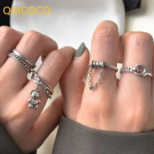 925 Silver Small Bear Multilayer Ring INS Korean Version Trend Retro Personality Hip-Hop Finger Ring Woman Party Jewelry Gifts