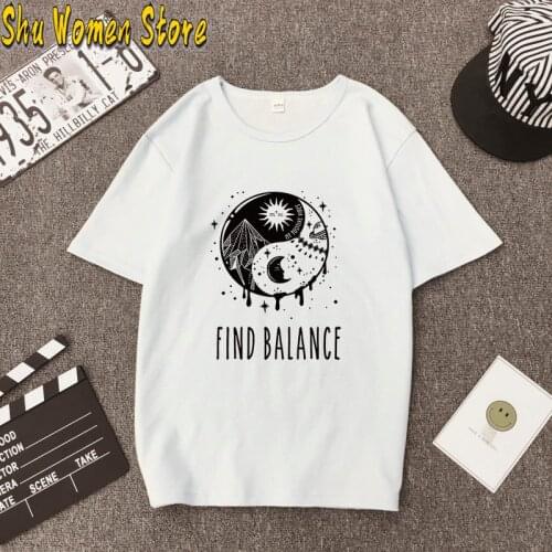 Find Balance Yin Yang T-shirt Aesthetic Women Grunge Gothic Top Tee Shirt Mystical Sun Moon Day Night Nature Tshirt harajuku