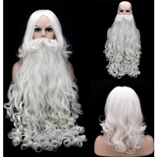 80cm Long Christmas Costumes Wigs Santa Claus Wig and Beard 60cm Synthetic Hair SantaClaus Cosplay Wigs + Wig Cap