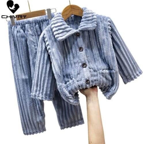 New 2020 Kids Boys Girls Autumn Winter Warm Flannel Pajama Sets Solid Long Sleeve Lapel Tops with Pants Sleeping Clothing Sets
