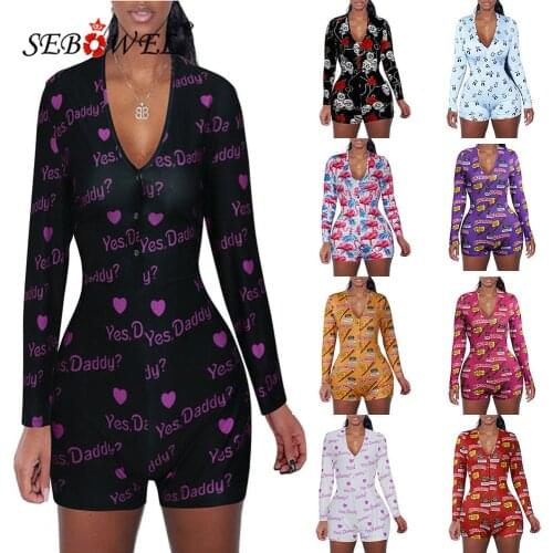 SEBOWEL 2020 Summer Woman Short/Long Sleeve Sexy V-neck Playsuit Female Lady Skinny Print Pattern Jumpsuits Rompers S-XXL