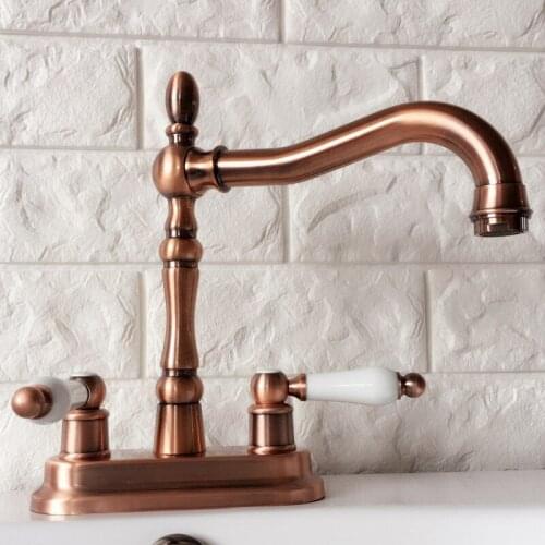 Antique Red Copper 4" Centerset Brass Kitchen Bathroom Vessel Sink Two Holes Basin Swivel Faucet Dual Handles Water Tap arg049