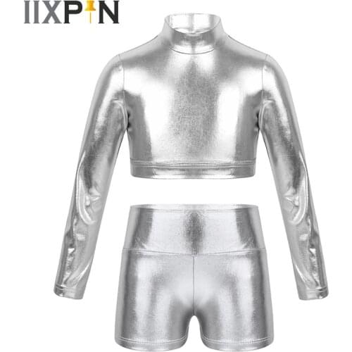 Kids Girls Skinny Metallic Crop Tops with Dance Shorts Fitness Sports Suits Gym Cloth Long Sleeves Mock Neck Top Bottoms Set