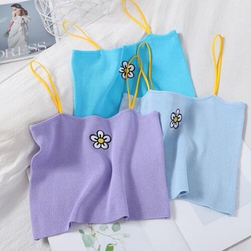 Summer Fashion Flower Embroidered Camisole Crop tops women Patchwork Shoulder Strap Knitted Tank Top Girl Korean Sweet y2k Tops
