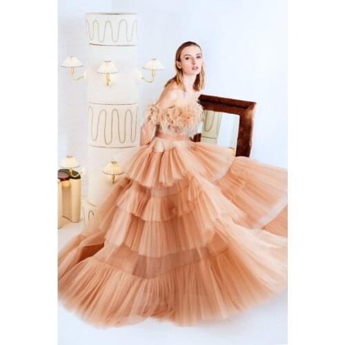 Gorgeous Prom Dress for Photoshoot robe de soiree longue Elegant Lush Lady Feathers Prom Dresses Tutu Skirt Custom Made