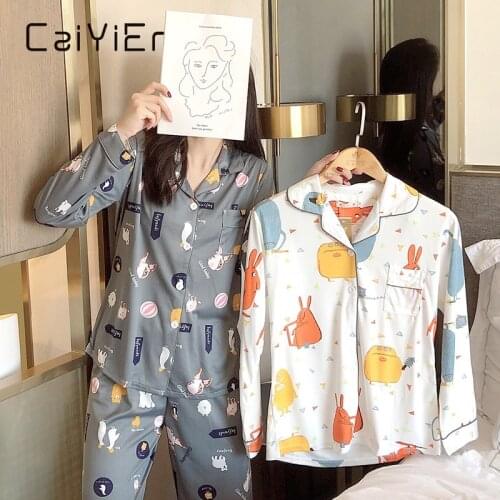 CAIYIER Spring Autumn pajamas Long-sleeved pants Lovely cartoon print Leisure turn-down collar Sleepwear winter women Nightwear