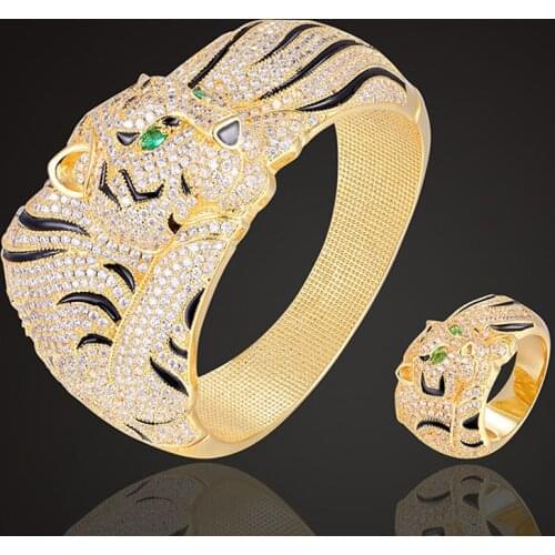 Zlxgirl jewelry Women Big Tiger shape animal Jet Enaml bangle and ring jewelry sets high quality AAA cubic zircon bracelet rings