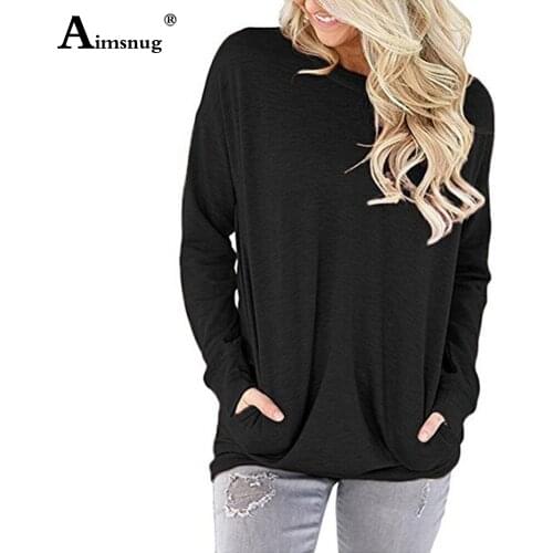 2020 Spring Autumn New Women Long-sleeved Casual Tops Ladies Patchwork Pockets O-neck Tshirt Solid Color Loose Tee Shirt Femme