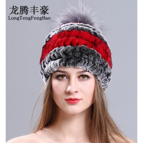 Women Fur Hat For Winter Natural Rex Rabbit Fox Fur Cap Russian Female Fur Headgear Brand New Fashion Warm Beanies Cap Lady