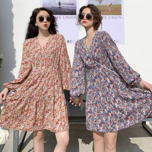 Female Early Autumn Dresses V-neck Print Long Sleeve Sweet Style Korean Fashion Loose A-line Short Dress for Women 2021 New