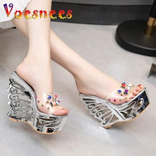 2021 New Summer Transparent PVC Chromatic Colour Rivet Women Heel Slippers 15CM Silvery Chic Hollowed Out Platform Wedge Sandals