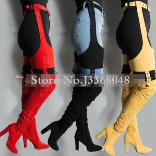 Women High Waist Thigh Boots Pointed Toe Gladiator Crotch Extremely Long Boots Female Buckle Suede Chunky Heels Shoes With Belt