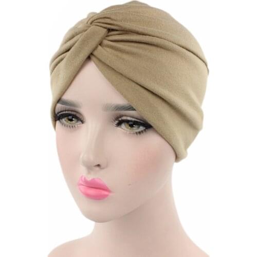 Women Cross Twist Turban Muslim Cotton Headwrap Solid Color Chemo Cap