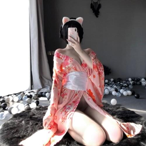 Womens Japanese Sexy Print Cat Bow Kimono Bathrobe Uniform Temptation Nightgown Suit Halloween Outfits for Women Sexy Costume