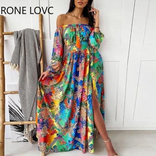 Women Off Shoulder Colorful Print Slit Maxi Dress Elegant Fashion Chic Dress