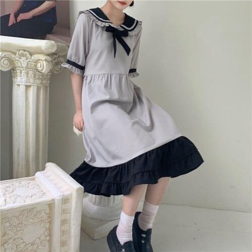 Heydress Patchwork Ruffles College Summer Dress 2021 Japanese Kawaii Midi Dress Women Bow Lace-up A-line Sweet Cute Lolita Dress