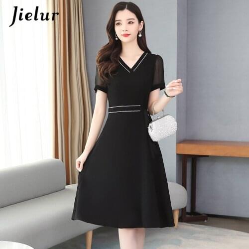 Jielur Chiffon Women Dress Solid Color Short Sleeve V-neck Summer Dress Slim New Dresses Elegant Vestidos High Waist M-4XL