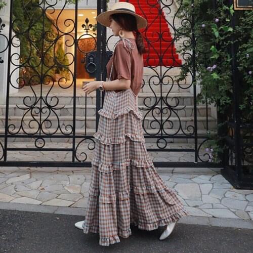 Lace Up Plaid Print Sleeveless Dress Summer Women Vintage Big Hem Korean Loose Maxi Dress 2021 New Cotton Line Strap Dresses