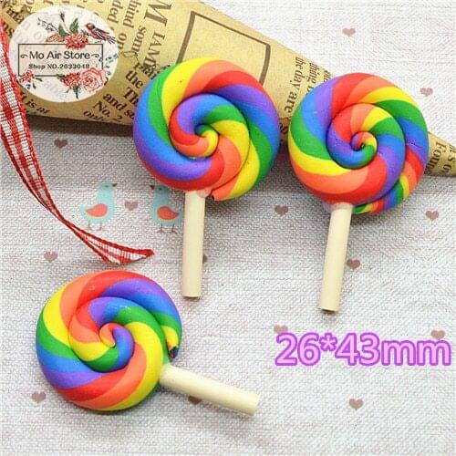 10PCS polymer clay rainbow hand made lollipop Flatback Cabochon Miniature Food Art Supply Decoden Charm Craft