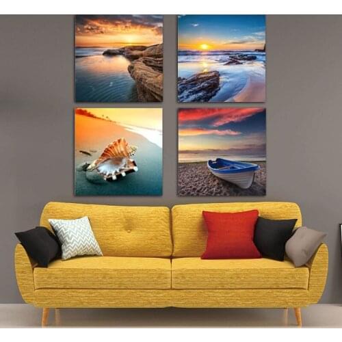 4 Pieces HD Print On Canvas Painting Home Decor Modular Landscape Pictures Sea Beach Shell Ship Wall Art Posters(No Frame)