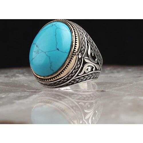 925 Sterling Silver Ring for Men Handmade Turquoise Stone Vintage Gift Mens Rings All Size Women Turkish Fashion Jewelry