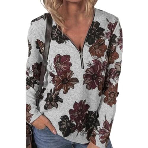 Fashion Women Autumn 2021 Blouse Floral Print V Neck Skin-friendly Comfy Loose Long Sleeve Zipper T-shirt Pullover Steerwear