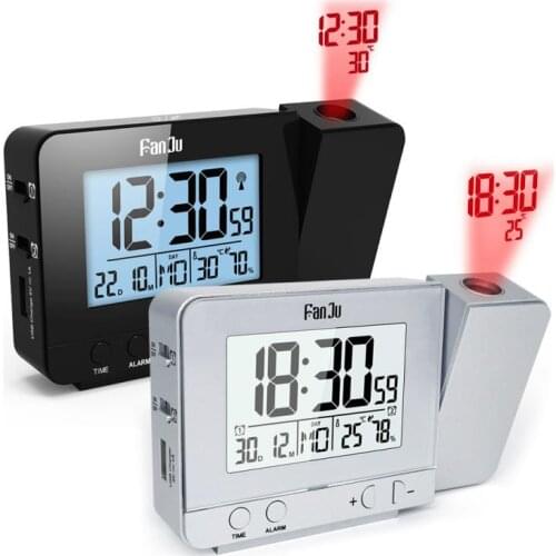 FanJu Alarm Clock LCD Digital Projection Alarm Clock LED Projector Time Temperature Projection Alarm Clock Weather Alarm Clock