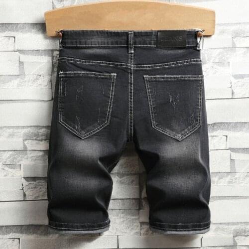 Summer Thin Section Embroidery Dragon Black Jeans Mens Elastic Knee Length Hole Ripped Loose Fit Straight Casual Denim Shorts