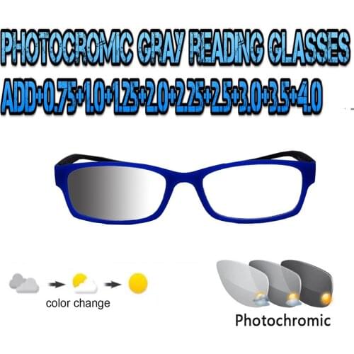 Photochromic Gray Reading Glasses Ultralight Trend High Quality Fashion Men Women blu metal frame +0.75 To +4.0