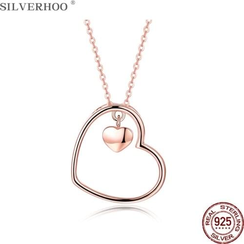 SILVERHOO Minimalist 925 Sterling Silver Hollow Heart Necklaces Pendant For Women Trendy Rose Gold Color Necklace Romantic Gift