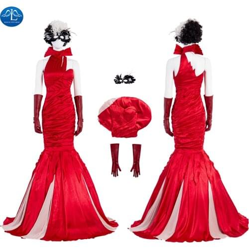 Cruella Cosplay Red Dresses Queen Costume Wedding Evening Party Cruella De Vil Costume Womens Sexy Halloween Costume 2021