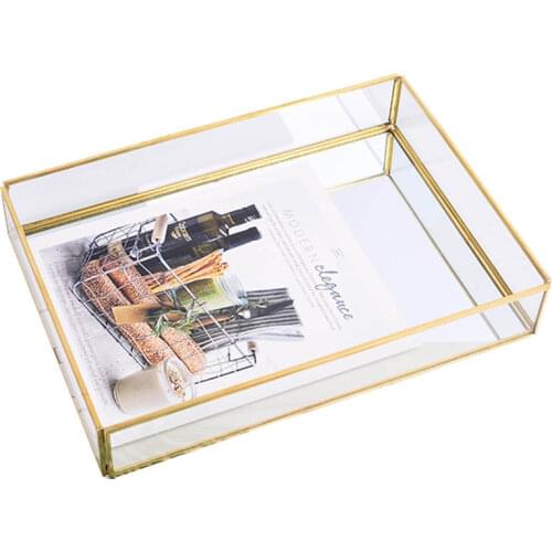 Brass Metal Tea Storage Tray Luxurious Glass Gold Cosmetic Holder Polygon Fruit Plate Jewelry Display Tray for Home Decor