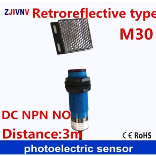 M30 Retroreflctive type NPN NO DC 3 wires Photoelectric sensor switch/ photocell sensor with mirror reflector plate distance 3m