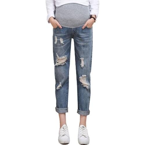 Maternity clothes spring autumn Korean version of the hole lift adjustable fashion casual pregnant women hot mom denim trousers