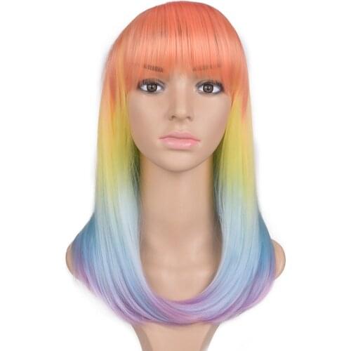 18 Inch Rainbow Color Wig with Flat Bang Synthetic Hair Heat Resistant Colorful Cosplay Daily Party Wig for Women