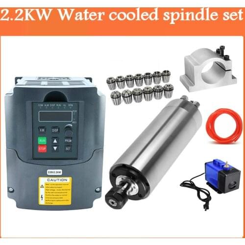 2.2kw water cooled spindle Motor ER20 Milling Spindle + 2.2KW VFD + 80mm Clamp + 13pcs ER20 + 75W Water Pump + 5M Water Pipes