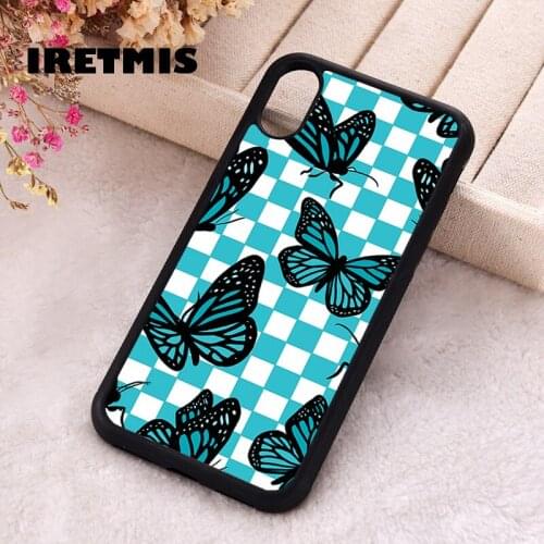 Iretmis 5 5S SE 2020 Phone Cover Case for iPhone 6 6S 7 8 Plus X Xs XR 11 12 Mini Pro Max Silicone TPU Blue Butterfly Checkers