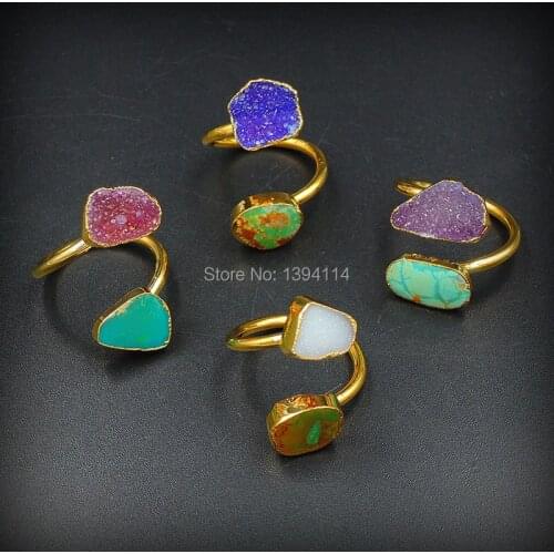 Mixed Colors Onyx Cluster And Calaite Combination Ring Of 24K Gold Cladding Adjustable Approx 10 mm