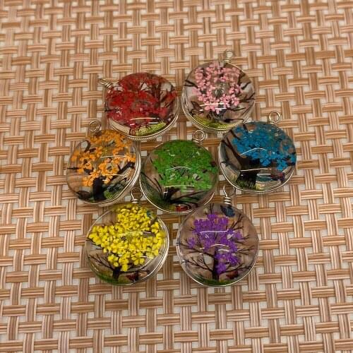 Glass Dried Flower Pendant Ladies Fashion Double Side Flat Round Colorful Life Trunk Flower Pendant Fashion Jewelry Accessories