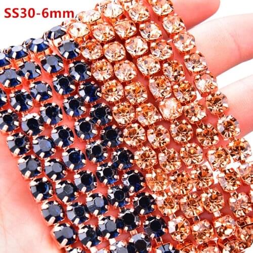 High Quality Strass Rhinestone Cup Chain SS30 6mm Crystal Monnata Champagne Rose Gold Base Trim DIY Weeding Garment Shoes Bags