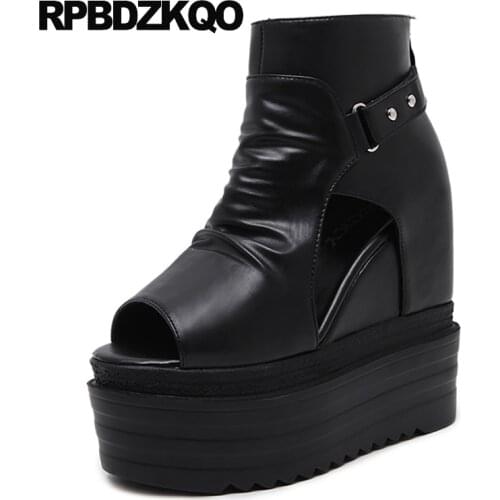Goth Women Cheap Booties Wedge Shoes Summer High Heel Sandals Demonia Height Increased Peep Toe Gothic Platform Boots Punk Black