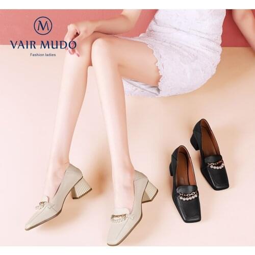 VAIR MUDO Women Pumps Shoes Genuine Leather High Heels Mary Janes Square Toe Solid Slip-On String Bead Spring Autumn D240L