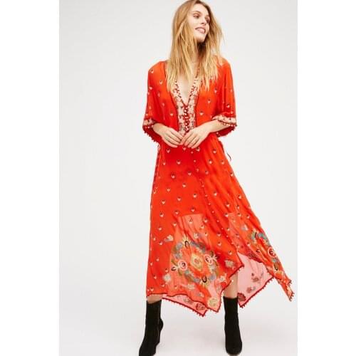 2021 famous brand dress V-neck boho sequined embroidery maxi dress elegant transparent voile long dress cute dress vestidos