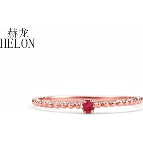 HELON Solid 14k Rose Gold AU585 Round 2.5mm 100% Genuine Natural Ruby Engagement Wedding Ring Women Party Art Deco Fine Jewelry
