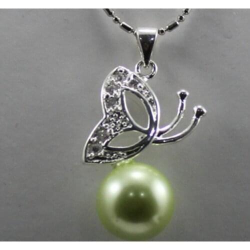 Womens fashion silver plated butterfly Accessories + emerald green shell pearl Pendant Necklace